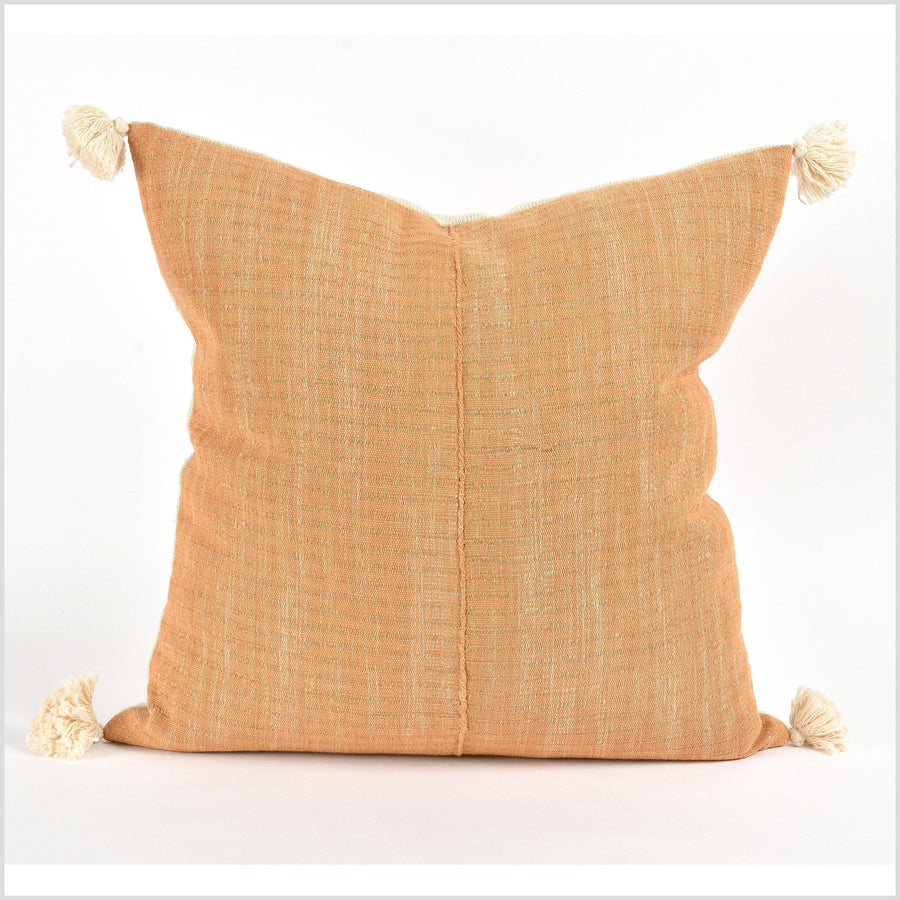 Tribal ethnic solid pillow, Hmong tribal 22 in. square cushion, handwoven cotton, neutral yellow, saffron gold,, natural organic dye VV23