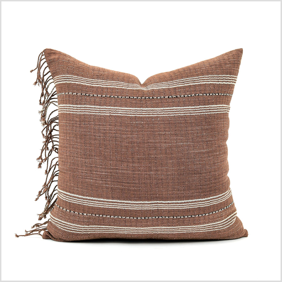 Tribal ethnic stripe pillow, Hmong tribal 22 inch square cushion, handwoven cotton, neutral brown white color, natural organic dye YY56