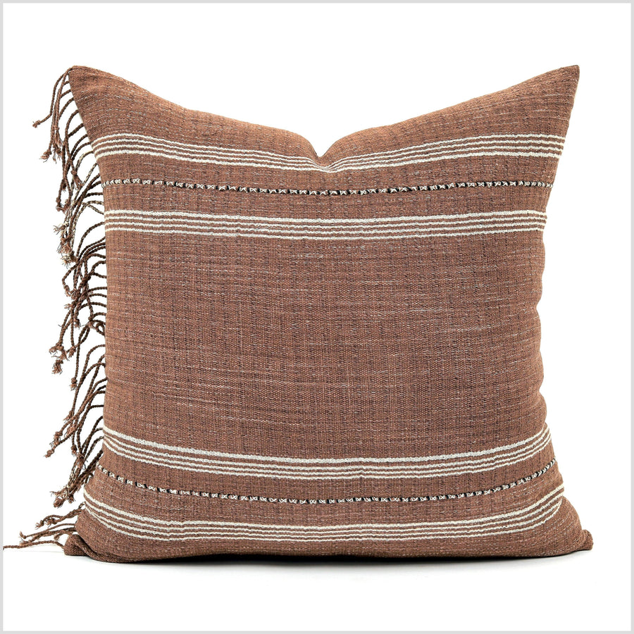 Tribal ethnic stripe pillow, Hmong tribal 22 inch square cushion, handwoven cotton, neutral brown white color, natural organic dye YY56