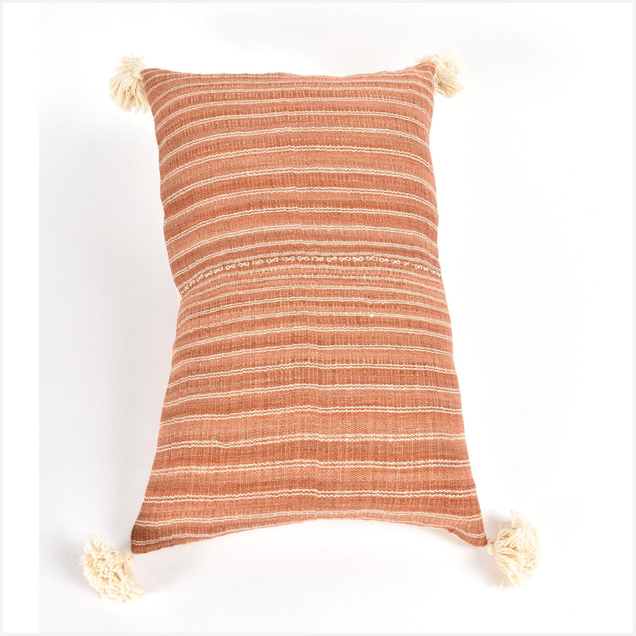 Tribal ethnic striped pillow, Hmong Pakeryaw tribal 22 in. lumbar cushion, handwoven cotton, salmon off-white natural organic dye KK99