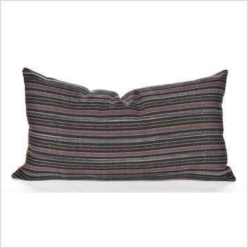 Tribal ethnic striped pillow, Hmong hilltribe bohemian 26 in. lumbar cushion, handwoven cotton, neutral black gray brown natural organic dye PP99