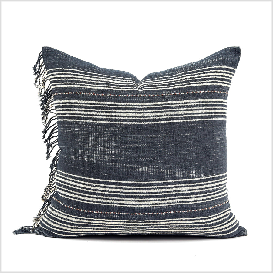Tribal ethnic striped pillow, Hmong tassel 23 inch square cushion, handwoven cotton, neutral gray white stripe, natural organic dye YY59
