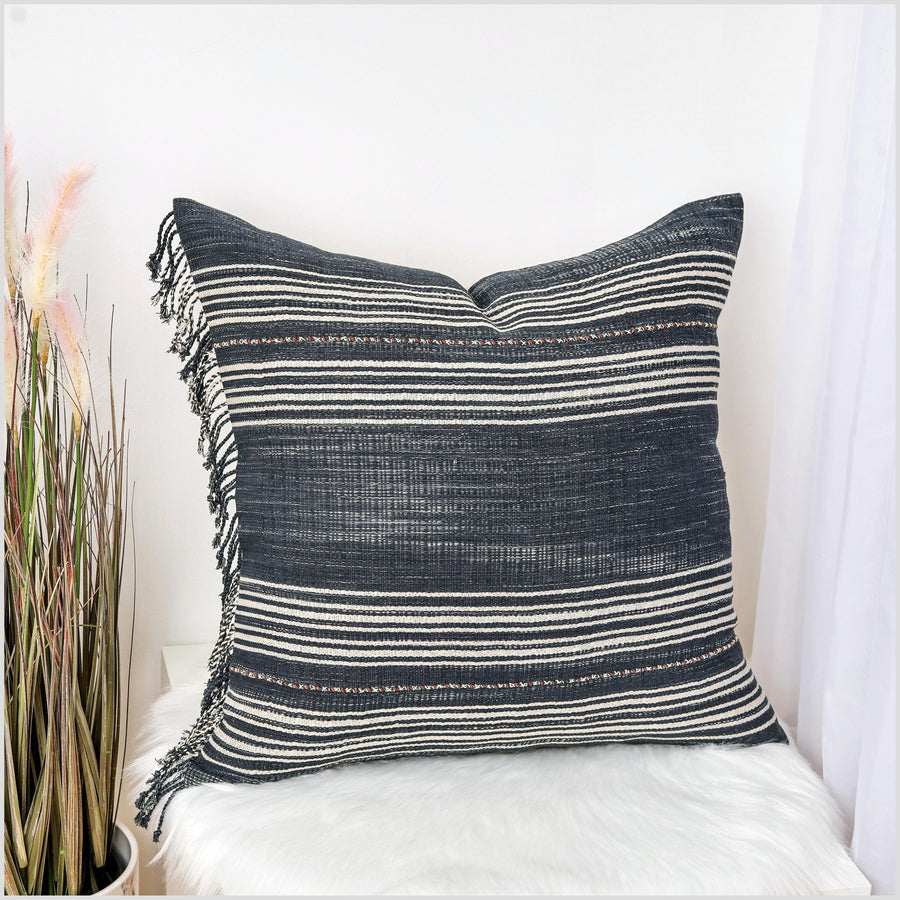 Tribal ethnic striped pillow, Hmong tassel 23 inch square cushion, handwoven cotton, neutral gray white stripe, natural organic dye YY59