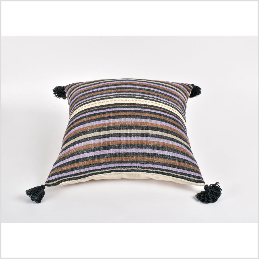 Tribal ethnic striped pillow, Hmong tribal 20 in. square cushion, handwoven cotton, neutral black, cream, brown, purple natural organic dye VV20