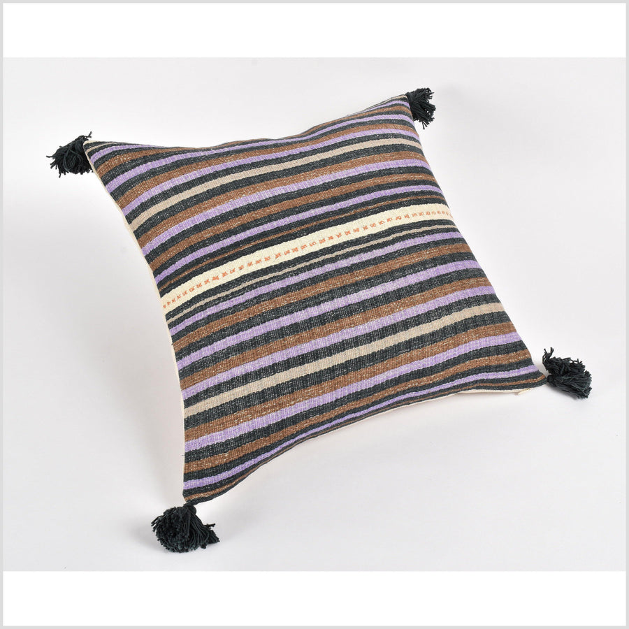 Tribal ethnic striped pillow, Hmong tribal 20 in. square cushion, handwoven cotton, neutral black, cream, brown, purple natural organic dye VV20