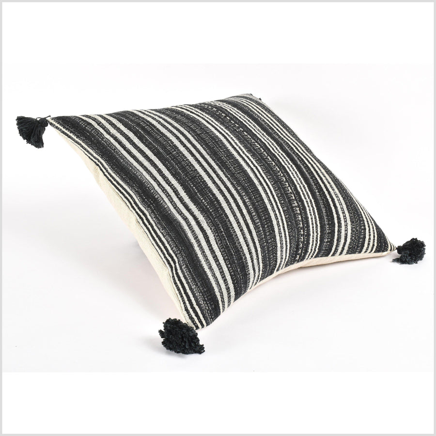 Tribal ethnic striped pillow, Hmong tribal 20 in. square cushion, handwoven cotton, neutral black, off-white, natural organic dye VV22