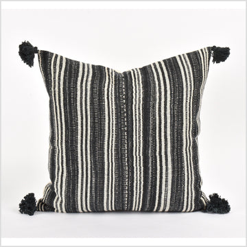 Tribal ethnic striped pillow, Hmong tribal 20 in. square cushion, handwoven cotton, neutral black, off-white, natural organic dye VV22