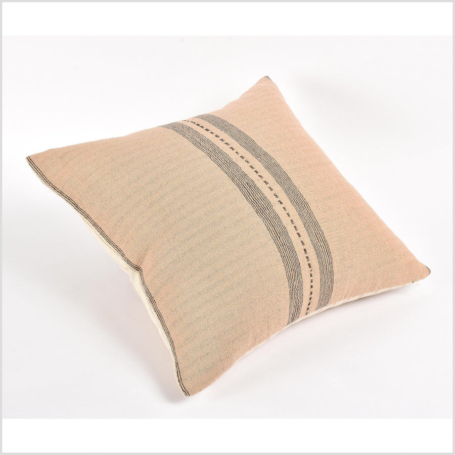 Tribal ethnic striped pillow, Hmong tribal 20 in. square cushion, handwoven cotton, neutral blush black natural organic dye VV12