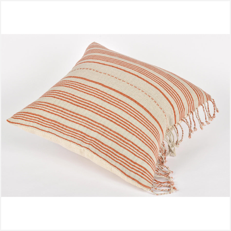 Tribal ethnic striped pillow, Hmong tribal 20 in. square cushion, handwoven cotton, neutral warm gray orange natural organic dye KK75