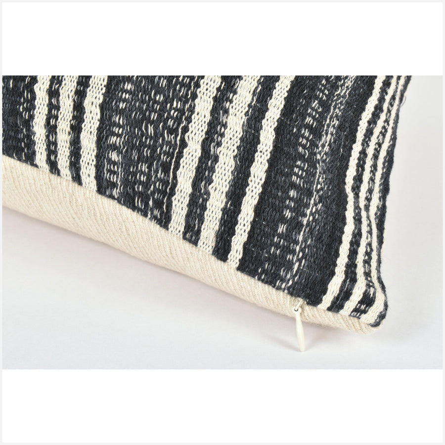 Tribal ethnic striped pillow, Hmong tribal 21 in. square cushion, handwoven cotton, neutral black cream natural organic dye KK61