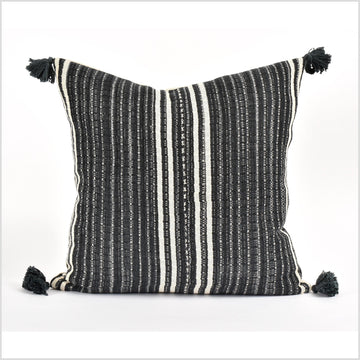 Tribal ethnic striped pillow, Hmong tribal 21 in. square cushion, handwoven cotton, neutral black, off-white, cream natural organic dye VV37