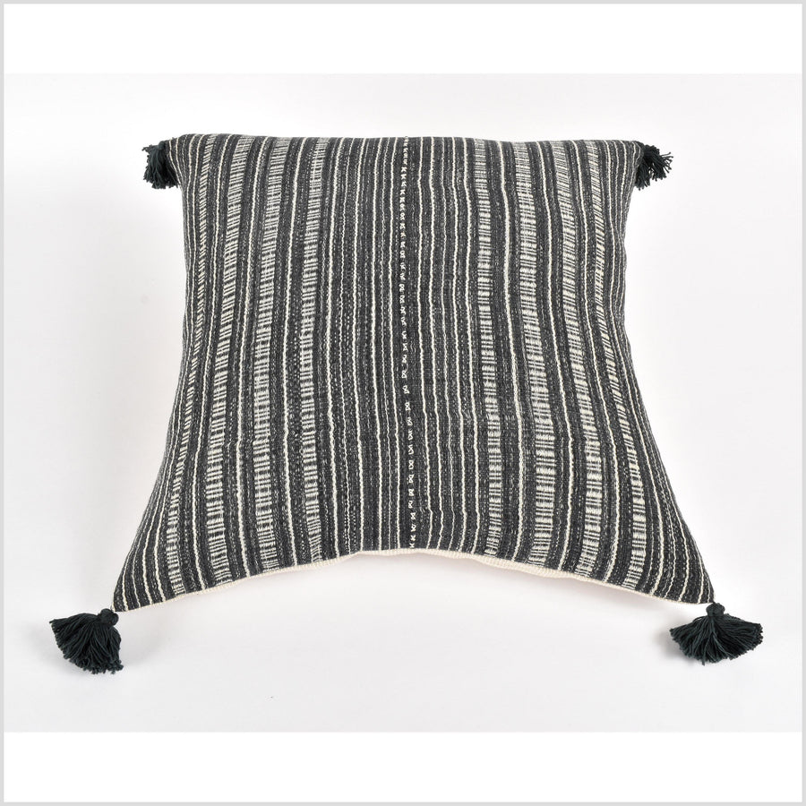 Tribal ethnic striped pillow, Hmong tribal 21 in. square cushion, handwoven cotton, neutral dark gray, cream, off-white, organic dye VV39