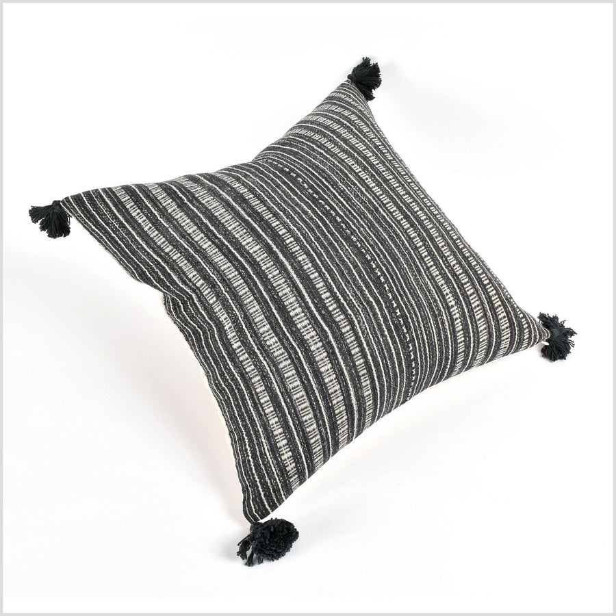 Tribal ethnic striped pillow, Hmong tribal 21 in. square cushion, handwoven cotton, neutral dark gray, cream, off-white, organic dye VV39