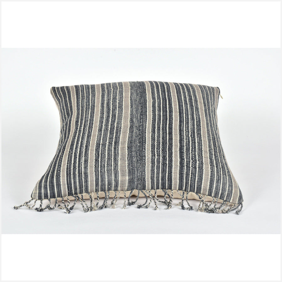 Tribal ethnic striped pillow, Hmong tribal 21 in. square cushion, handwoven cotton, neutral gray cream natural organic dye KK62