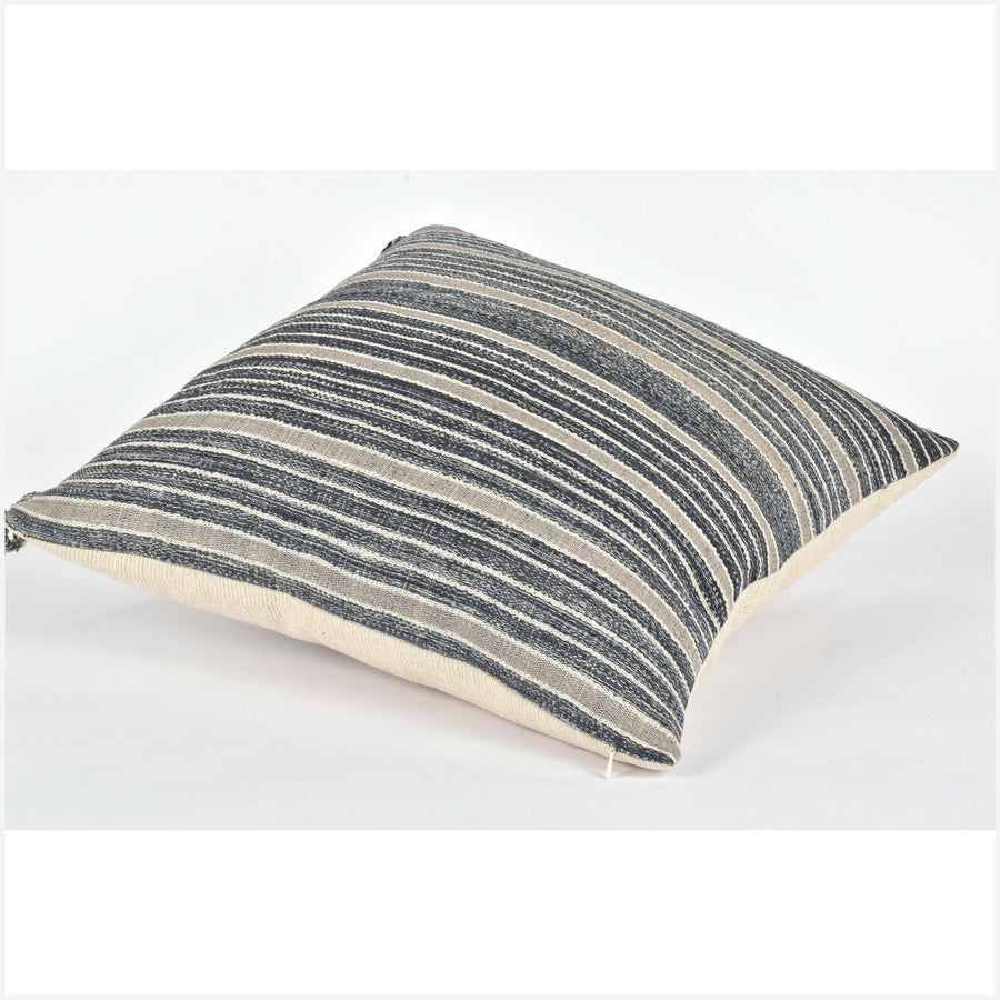 Tribal ethnic striped pillow, Hmong tribal 21 in. square cushion, handwoven cotton, neutral gray cream natural organic dye KK62