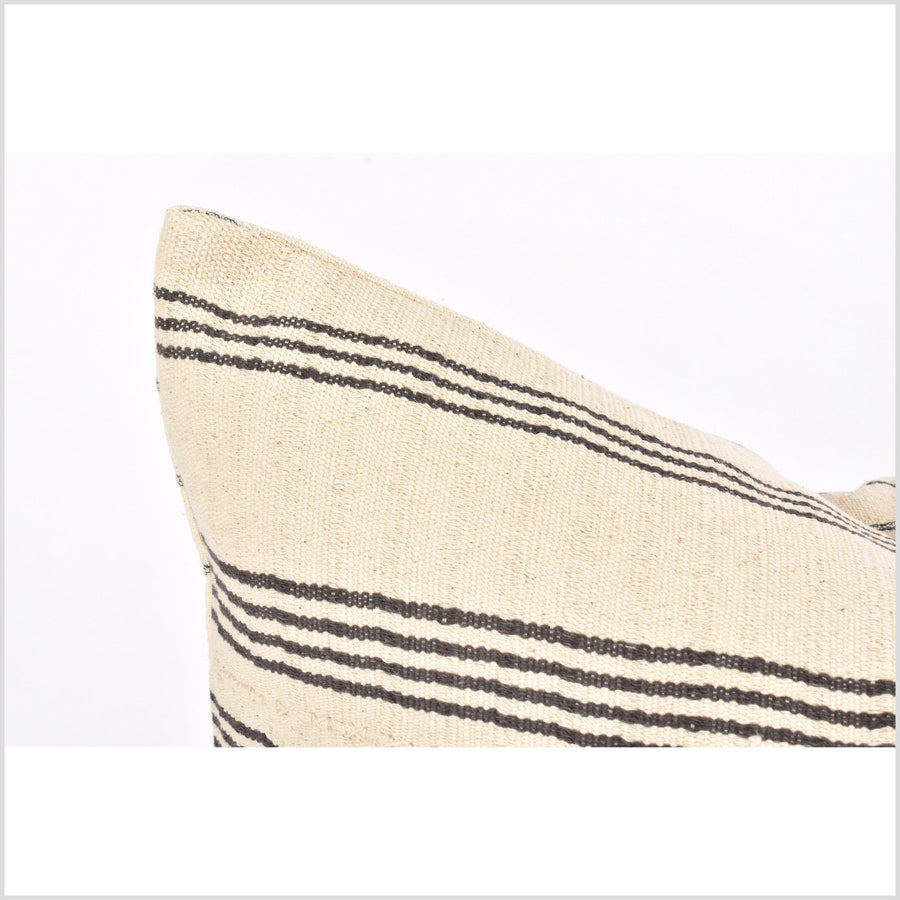 Tribal ethnic striped pillow, Hmong tribal 21 in. square cushion, handwoven cotton, neutral off-white, cream, black, natural organic dye VV50