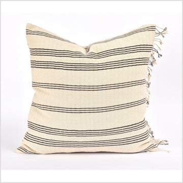 Tribal ethnic striped pillow, Hmong tribal 21 in. square cushion, handwoven cotton, neutral off-white, cream, black, natural organic dye VV50