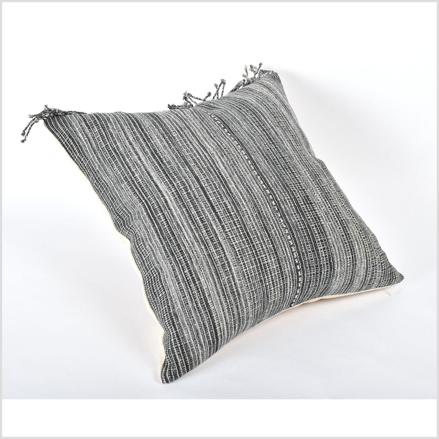 Tribal ethnic striped pillow, Hmong tribal 21 in. square cushion, handwoven cotton, neutral off-white, gray natural organic dye VV80
