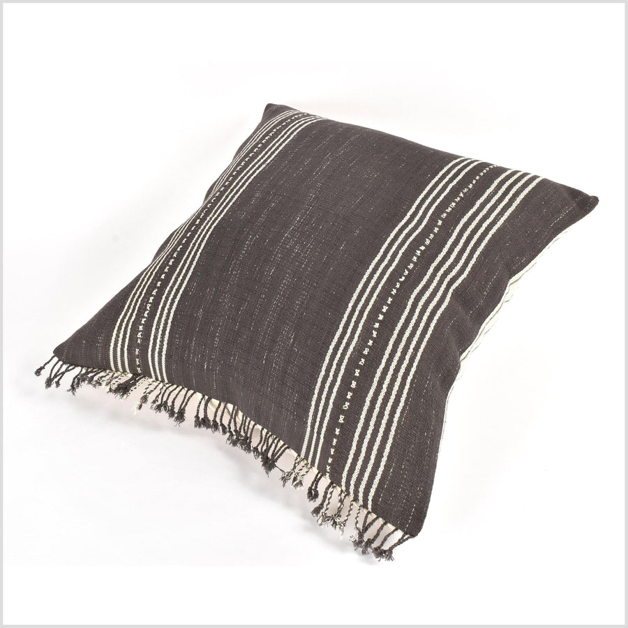 Tribal ethnic striped pillow, Hmong tribal 21 in. square cushion, handwoven cotton, neutral warm dark gray, natural organic dye VV33