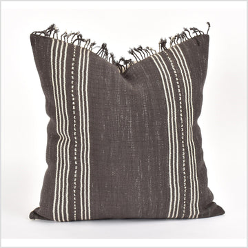 Tribal ethnic striped pillow, Hmong tribal 21 in. square cushion, handwoven cotton, neutral warm dark gray, natural organic dye VV33