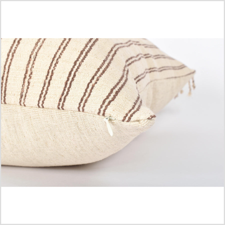 Tribal ethnic striped pillow, Hmong tribal 21 in. square cushion, handwoven cotton, neutral warm off-white, brown, natural organic dye VV87