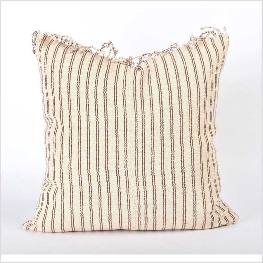 Tribal ethnic striped pillow, Hmong tribal 21 in. square cushion, handwoven cotton, neutral warm off-white, brown, natural organic dye VV87