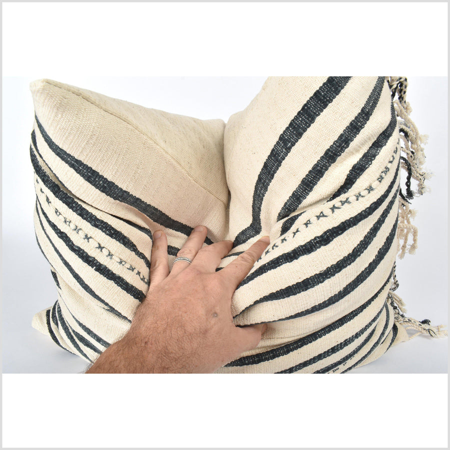 Tribal ethnic striped pillow, Hmong tribal 21 in. square cushion, handwoven cotton, neutral warm off-white, gray natural organic dye VV82
