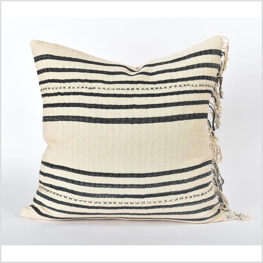 Tribal ethnic striped pillow, Hmong tribal 21 in. square cushion, handwoven cotton, neutral warm off-white, gray natural organic dye VV82