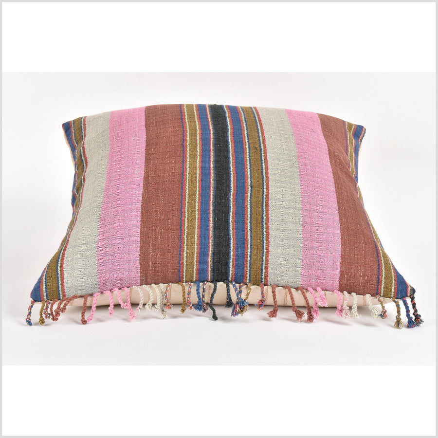 Tribal ethnic striped pillow, Hmong tribal 21 in. square cushion, handwoven cotton, pink gray brown blue black natural organic dye VV47