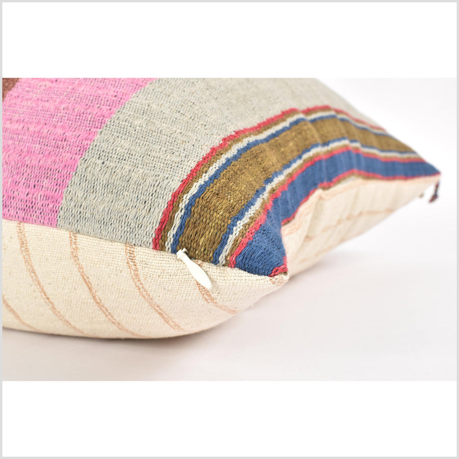 Tribal ethnic striped pillow, Hmong tribal 21 in. square cushion, handwoven cotton, pink gray brown blue black natural organic dye VV47
