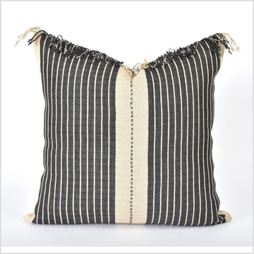 Tribal ethnic striped pillow, Hmong tribal 21 in. square cushion, handwoven hemp, neutral beige black natural organic dye VV83