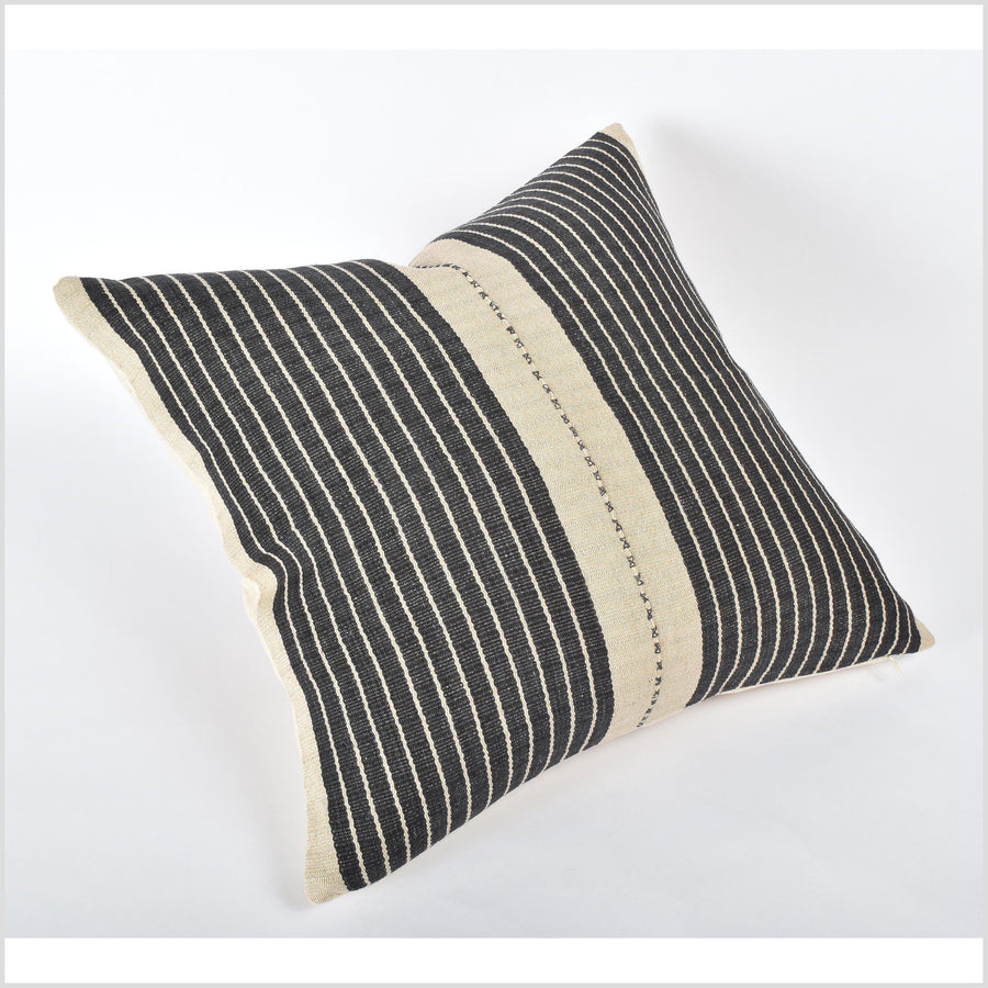 Tribal ethnic striped pillow, Hmong tribal 21 in. square cushion, handwoven hemp, neutral beige black natural organic dye VV84