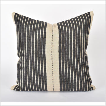 Tribal ethnic striped pillow, Hmong tribal 21 in. square cushion, handwoven hemp, neutral beige black natural organic dye VV84