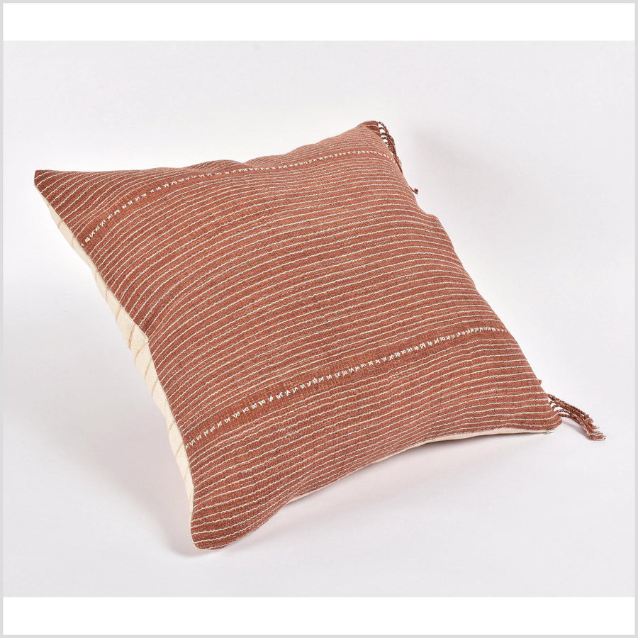 Tribal ethnic striped pillow, Hmong tribal 21 inch square cushion, handwoven cotton, neutral coral rust, off-white natural organic dye VV26