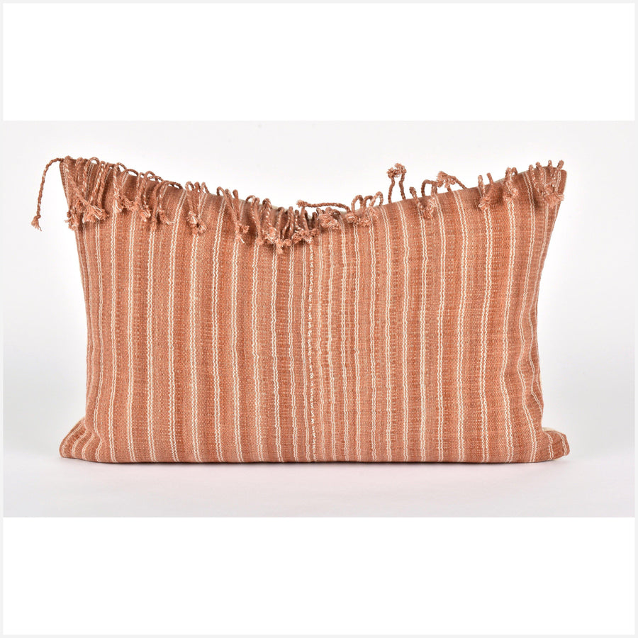 Tribal ethnic striped pillow, Hmong tribal 22 in. lumbar cushion, handwoven cotton, neutral blush salmon cream natural organic dye KK79