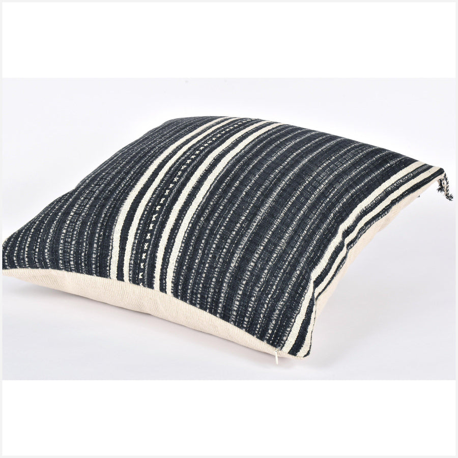 Tribal ethnic striped pillow, Hmong tribal 22 in. square cushion, handwoven cotton, neutral black cream natural organic dye KK73