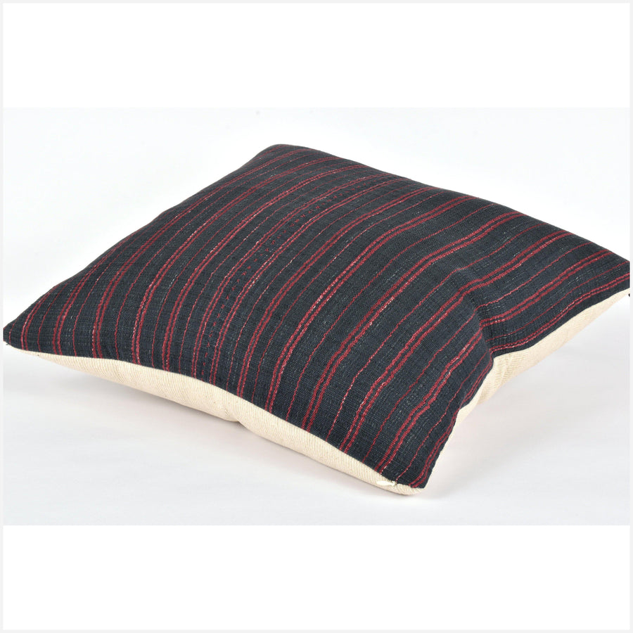 Tribal ethnic striped pillow, Hmong tribal 22 in. square cushion, handwoven cotton, neutral black dark red natural organic dye KK63