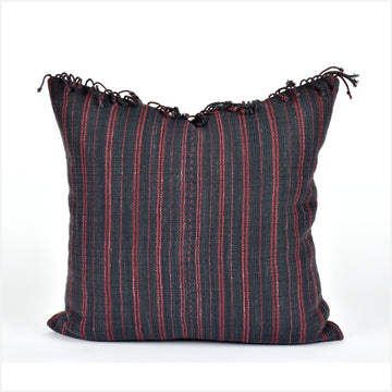 Tribal ethnic striped pillow, Hmong tribal 22 in. square cushion, handwoven cotton, neutral black dark red natural organic dye KK63