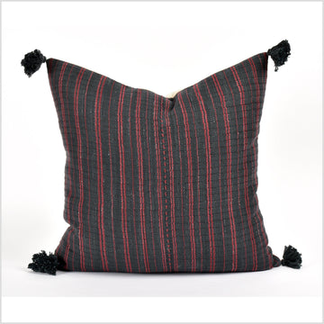 Tribal ethnic striped pillow, Hmong tribal 22 in. square cushion, handwoven cotton, neutral black, dark red, natural organic dye VV38