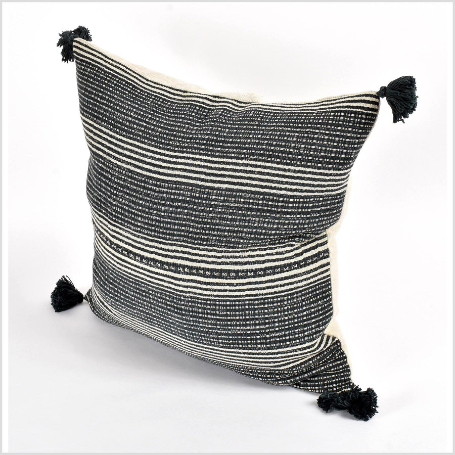 Tribal ethnic striped pillow, Hmong tribal 22 in. square cushion, handwoven cotton, neutral black, off-white, cream, natural organic dye VV41