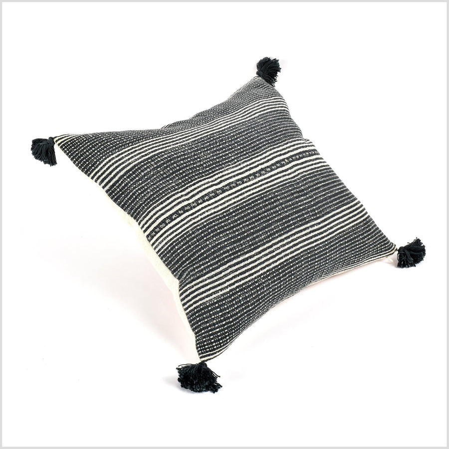 Tribal ethnic striped pillow, Hmong tribal 22 in. square cushion, handwoven cotton, neutral black, off-white, cream, natural organic dye VV41