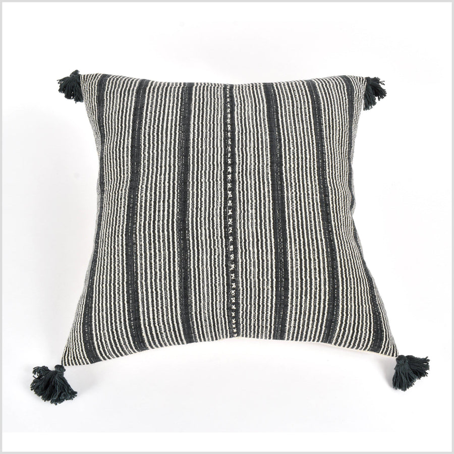 Tribal ethnic striped pillow, Hmong tribal 22 in. square cushion, handwoven cotton, neutral black, off-white, cream, natural organic dye VV42