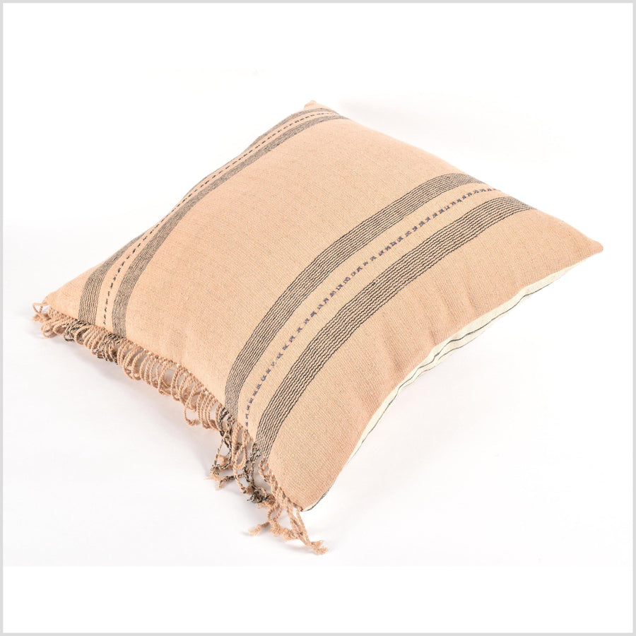 Tribal ethnic striped pillow, Hmong tribal 22 in. square cushion, handwoven cotton, neutral blush, black, natural organic dye VV36