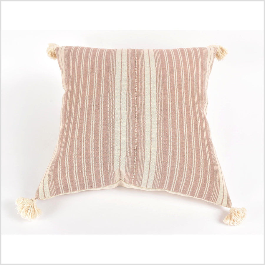 Tribal ethnic striped pillow, Hmong tribal 22 in. square cushion, handwoven cotton, neutral blush, pink, off-white natural organic dye VV27