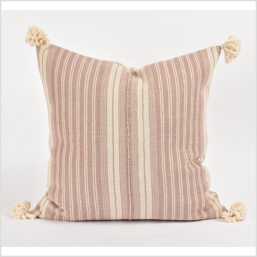 Tribal ethnic striped pillow, Hmong tribal 22 in. square cushion, handwoven cotton, neutral blush, pink, off-white natural organic dye VV27