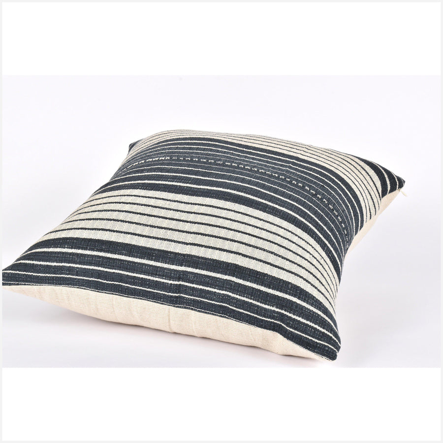 Tribal ethnic striped pillow, Hmong tribal 22 in. square cushion, handwoven cotton, neutral dark gray cream natural organic dye KK55