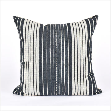 Tribal ethnic striped pillow, Hmong tribal 22 in. square cushion, handwoven cotton, neutral dark gray cream natural organic dye KK55