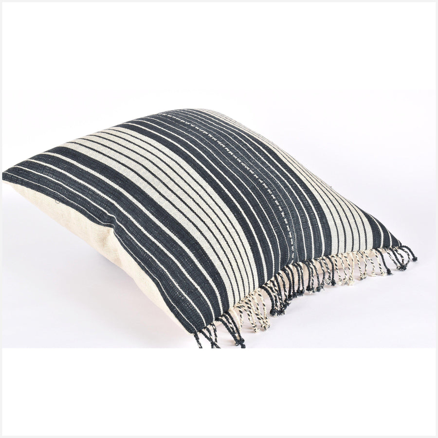 Tribal ethnic striped pillow, Hmong tribal 22 in. square cushion, handwoven cotton, neutral dark gray cream natural organic dye KK56