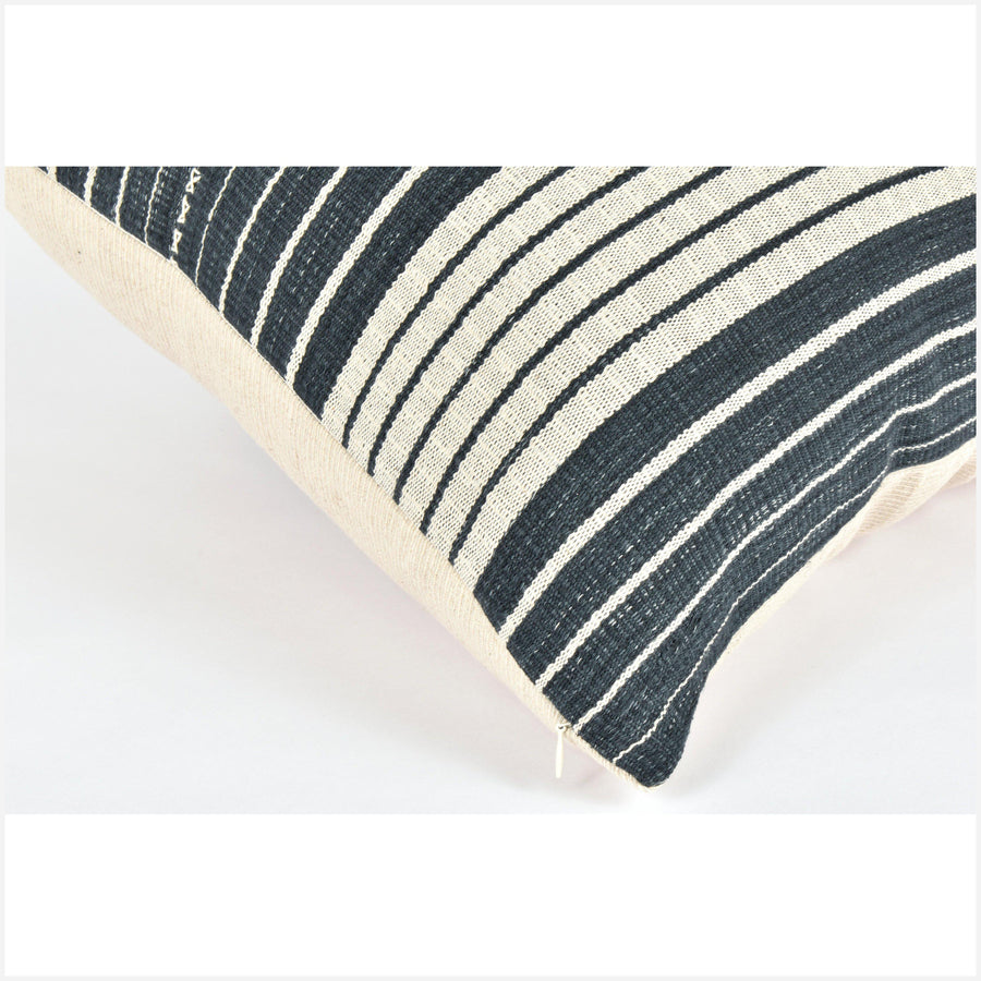 Tribal ethnic striped pillow, Hmong tribal 22 in. square cushion, handwoven cotton, neutral dark gray cream natural organic dye KK56