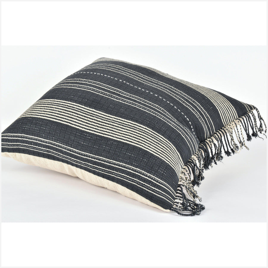 Tribal ethnic striped pillow, Hmong tribal 22 in. square cushion, handwoven cotton, neutral dark gray cream natural organic dye KK59